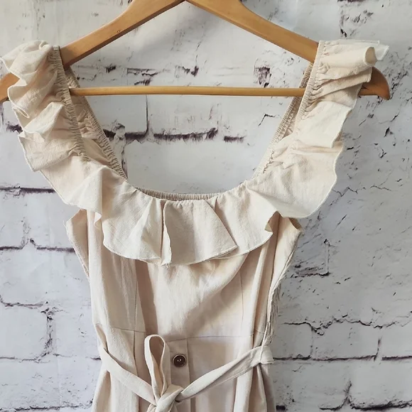 CupShe Beige Smocked Ruffle Midi Dress - Sz S belted dress - EUC! - Picture 10 of 13